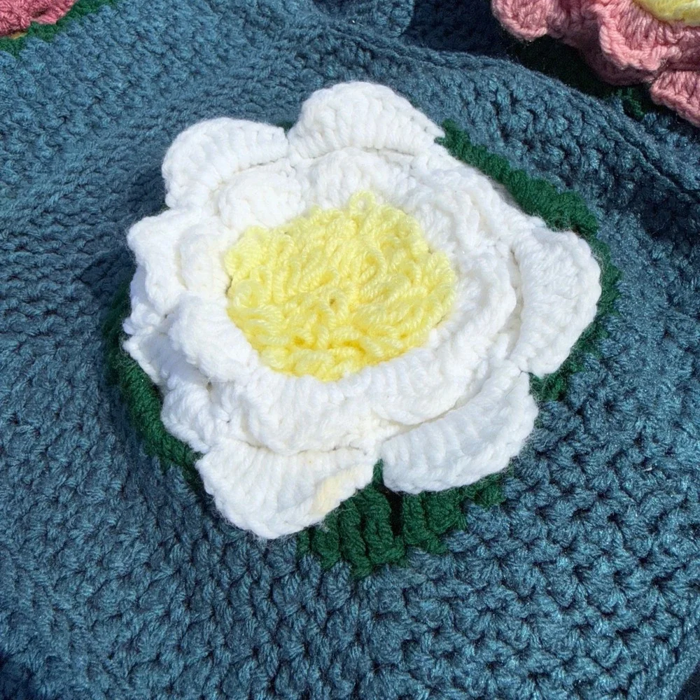 Vintage Handmade Crochet Floral Afghan Blanket Granny Square Fringe Cottagecore